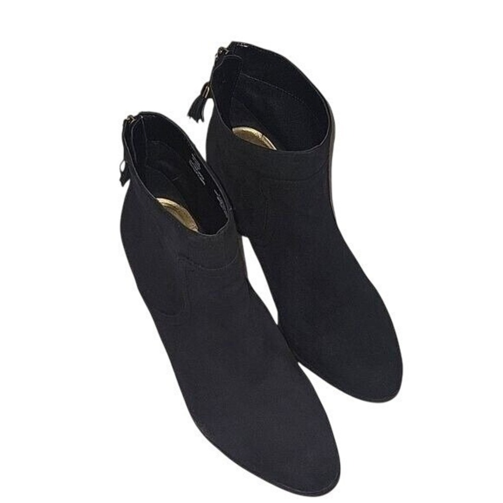 Anne Klein Niccie Black Suede Leather Tassel Zip Block Heel Ankle Boots‎ 10.5M